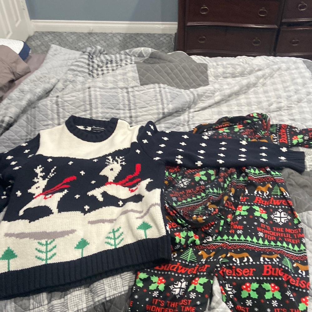 Budweiser onesie and Suedouche Christmas sweater